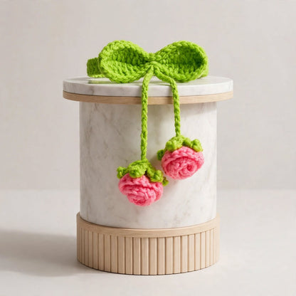 Handmade Crochet Green Curtain Ring – Baby Pink Rose Flower Hanging Design