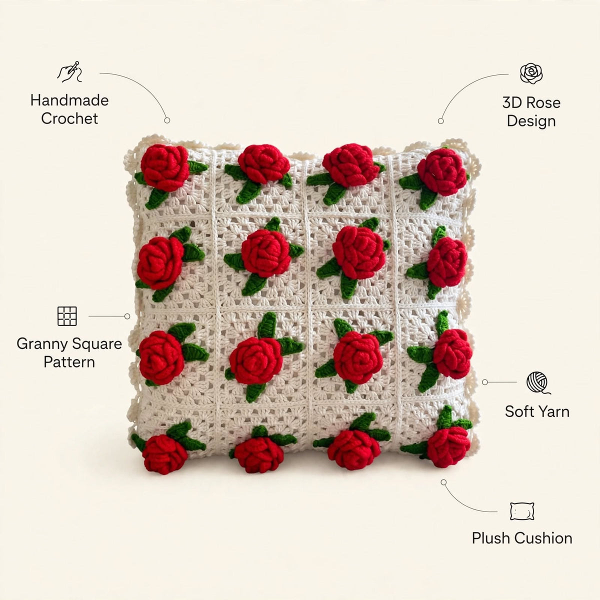 Handmade Crochet Cushion Cover – White with Red Rose & Green Leaf Pattern