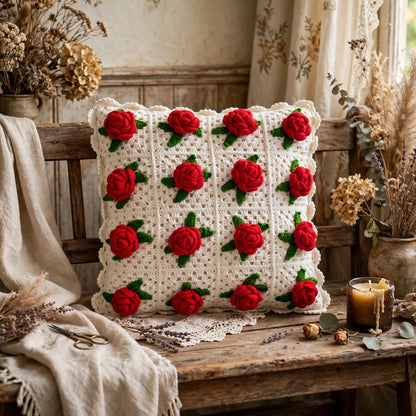 Handmade Crochet Cushion Cover – White with Red Rose & Green Leaf Pattern