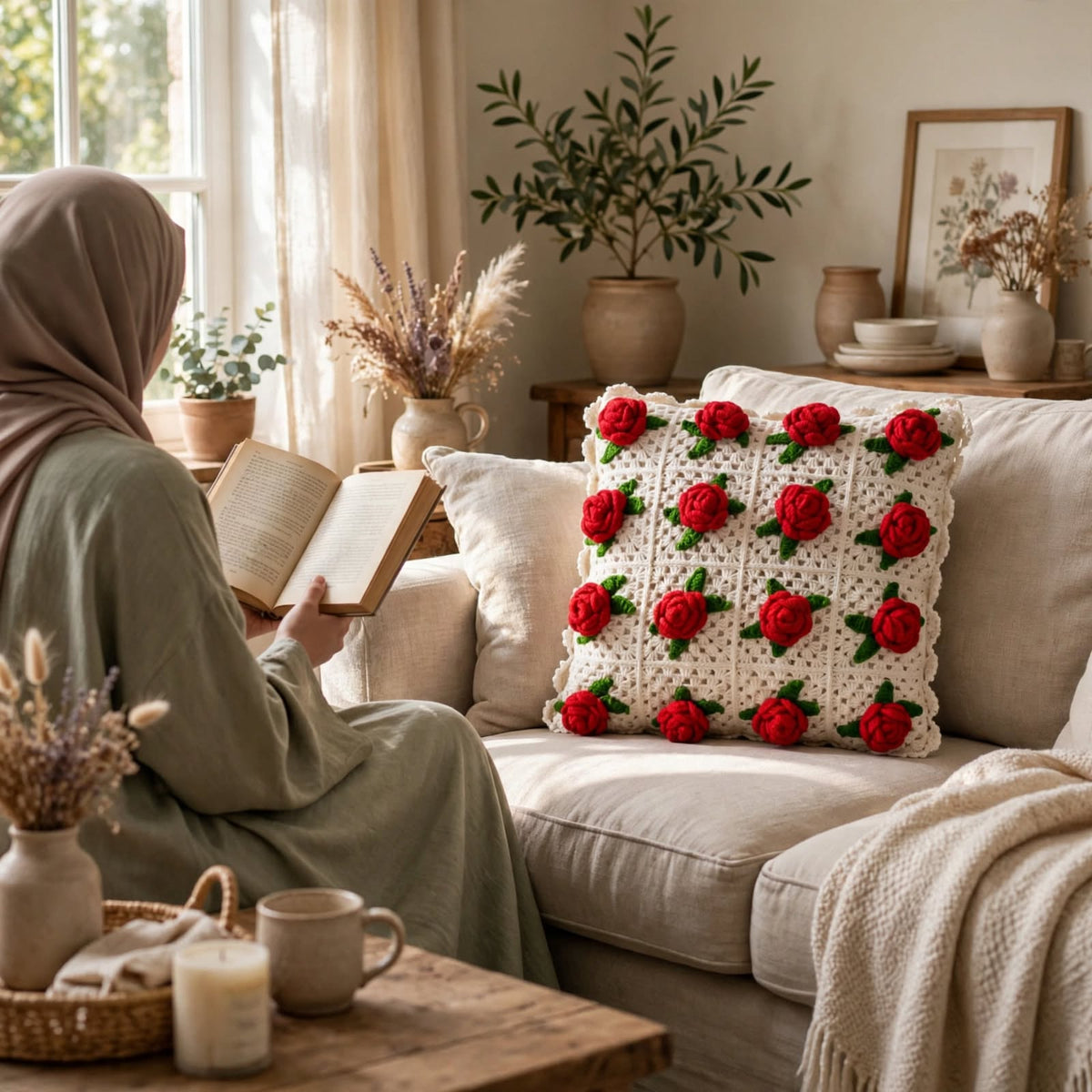 Handmade Crochet Cushion Cover – White with Red Rose & Green Leaf Pattern