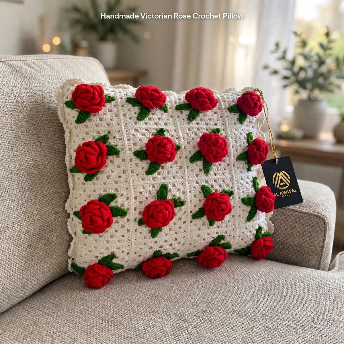 Handmade Crochet Cushion Cover – White with Red Rose & Green Leaf Pattern