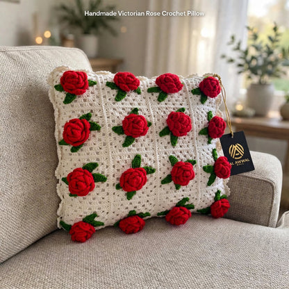 Handmade Crochet Cushion Cover – White with Red Rose & Green Leaf Pattern