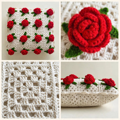 Handmade Crochet Cushion Cover – White with Red Rose & Green Leaf Pattern