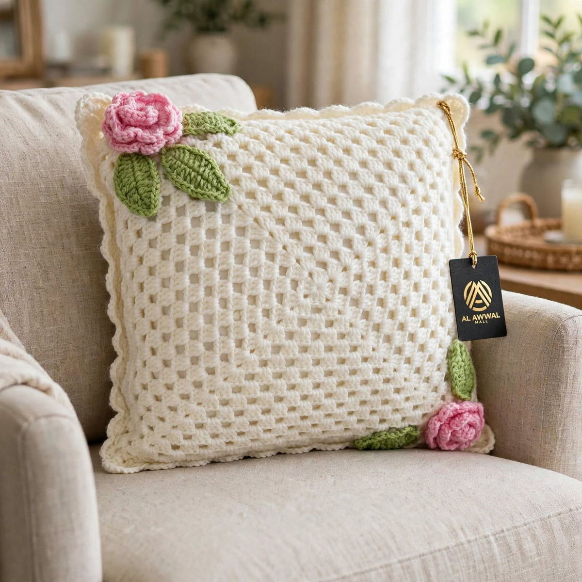 Handmade Crochet Square Cushion Cover – Baby Pink Rose & Green Leaf Corner Design
