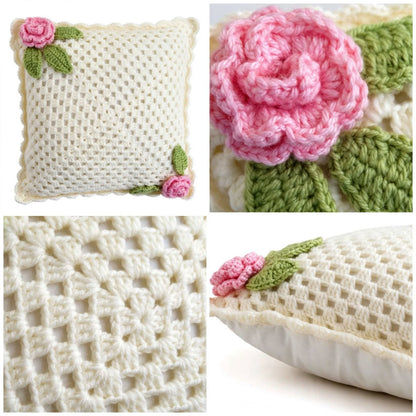 Handmade Crochet Square Cushion Cover – Baby Pink Rose & Green Leaf Corner Design