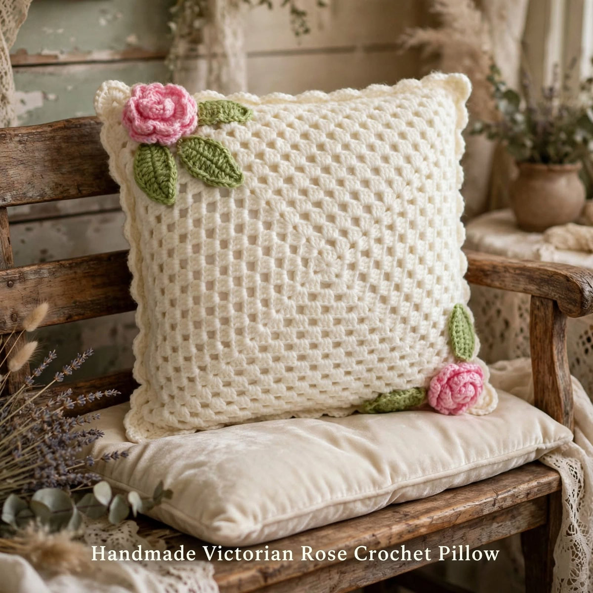 Handmade Crochet Square Cushion Cover – Baby Pink Rose & Green Leaf Corner Design