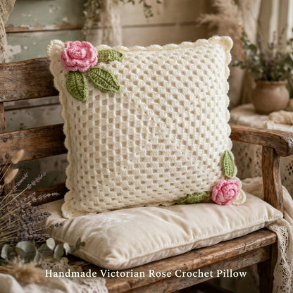 Handmade Crochet Square Cushion Cover – Baby Pink Rose & Green Leaf Corner Design