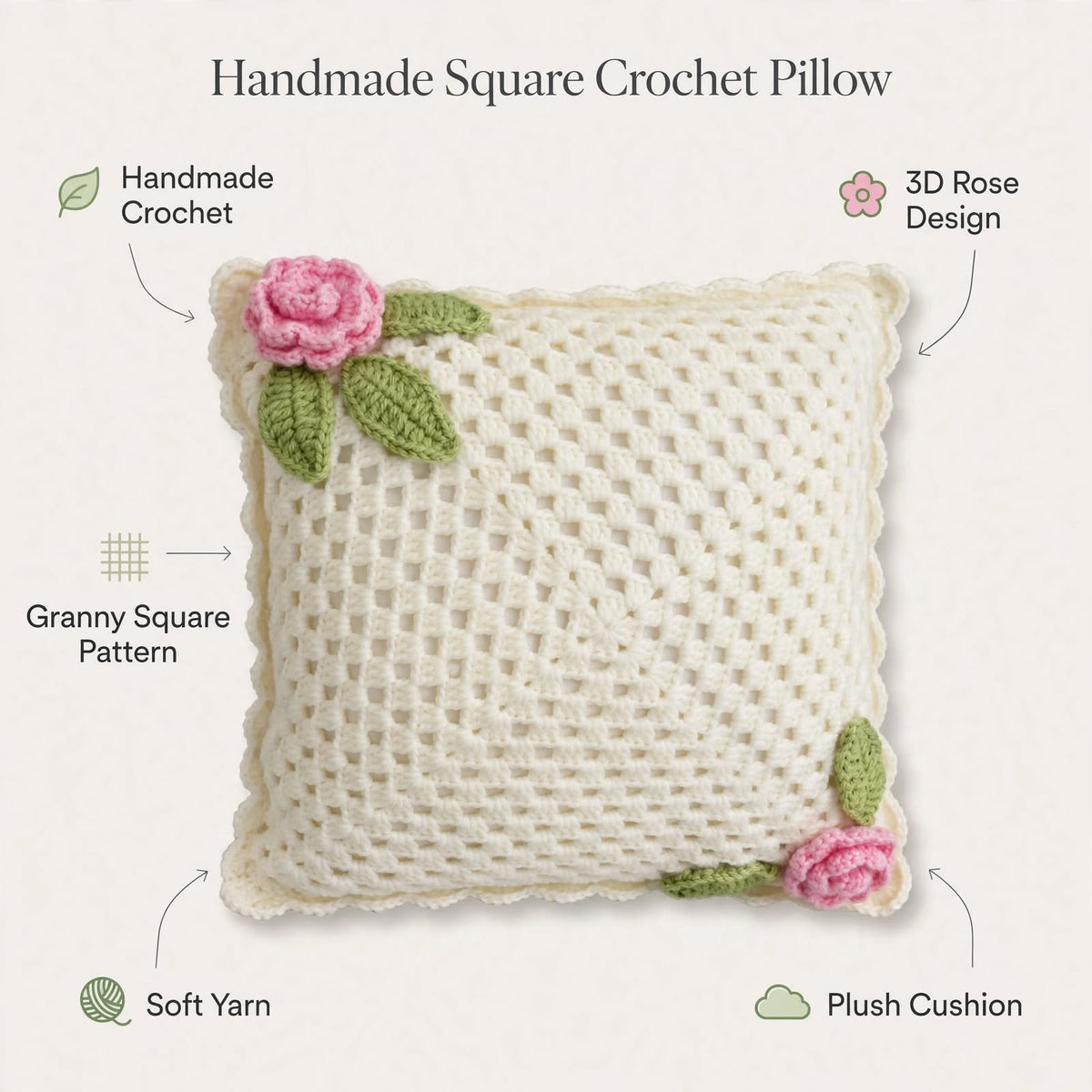 Handmade Crochet Square Cushion Cover – Baby Pink Rose & Green Leaf Corner Design