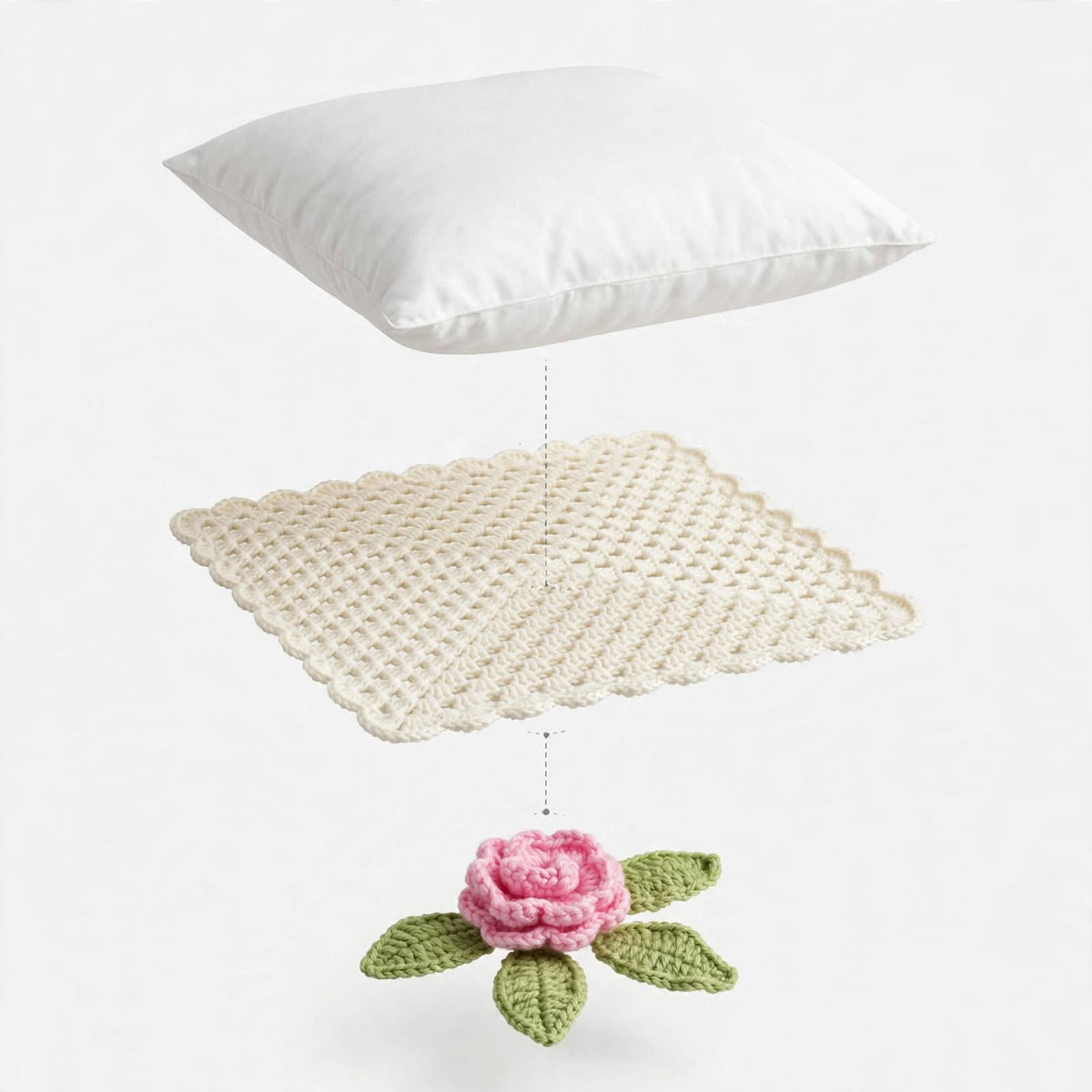 Handmade Crochet Square Cushion Cover – Baby Pink Rose & Green Leaf Corner Design
