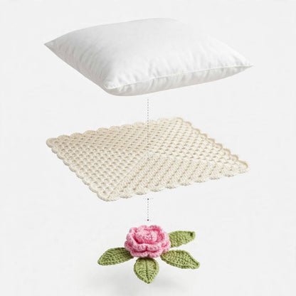 Handmade Crochet Square Cushion Cover – Baby Pink Rose & Green Leaf Corner Design