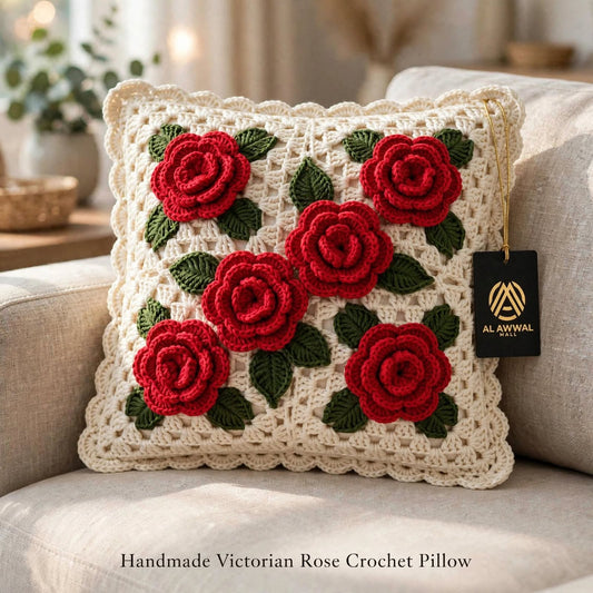Handmade Crochet Cushion Cover – Cream with Maroon Roses & Dark Green Leaves