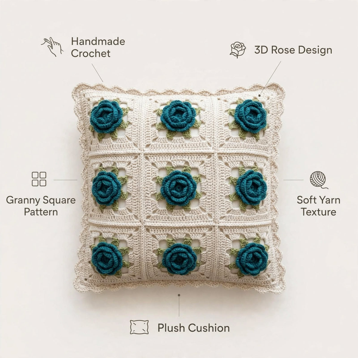 Handmade Crochet Square Cushion Cover – Zinc Roses with Green Leaf Pattern