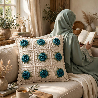 Handmade Crochet Square Cushion Cover – Zinc Roses with Green Leaf Pattern