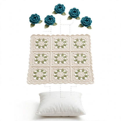Handmade Crochet Square Cushion Cover – Zinc Roses with Green Leaf Pattern