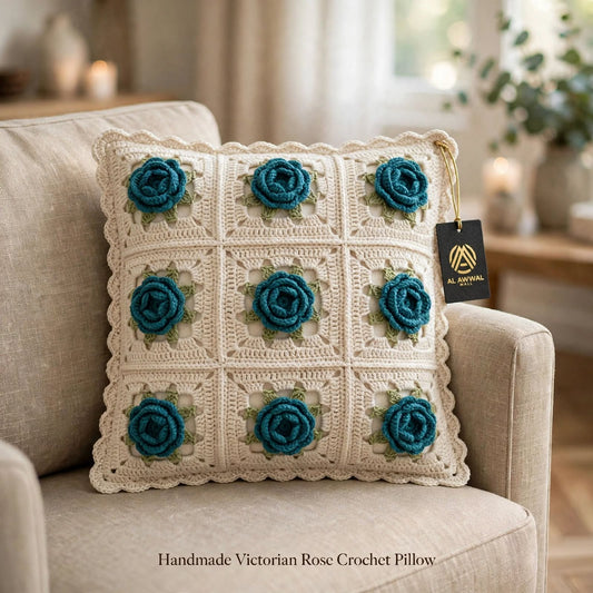Handmade Crochet Square Cushion Cover – Zinc Roses with Green Leaf Pattern