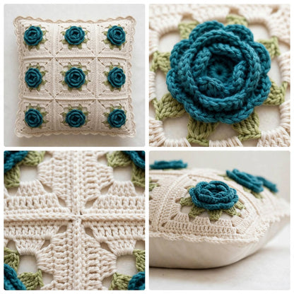 Handmade Crochet Square Cushion Cover – Zinc Roses with Green Leaf Pattern