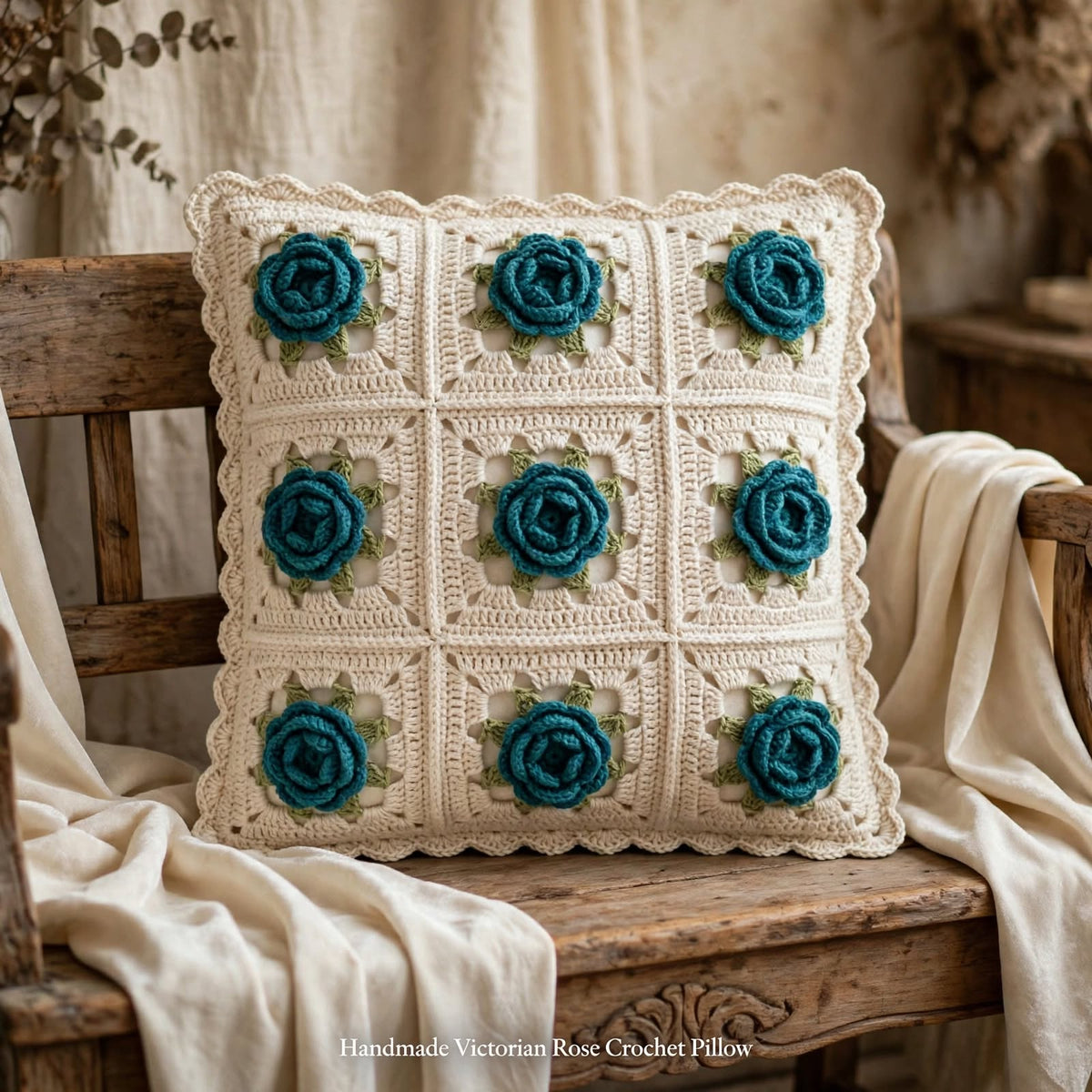 Handmade Crochet Square Cushion Cover – Zinc Roses with Green Leaf Pattern