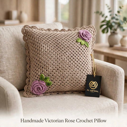 Handmade Crochet Cushion Cover – Beige with Light Purple Corner Roses & Green Leaves