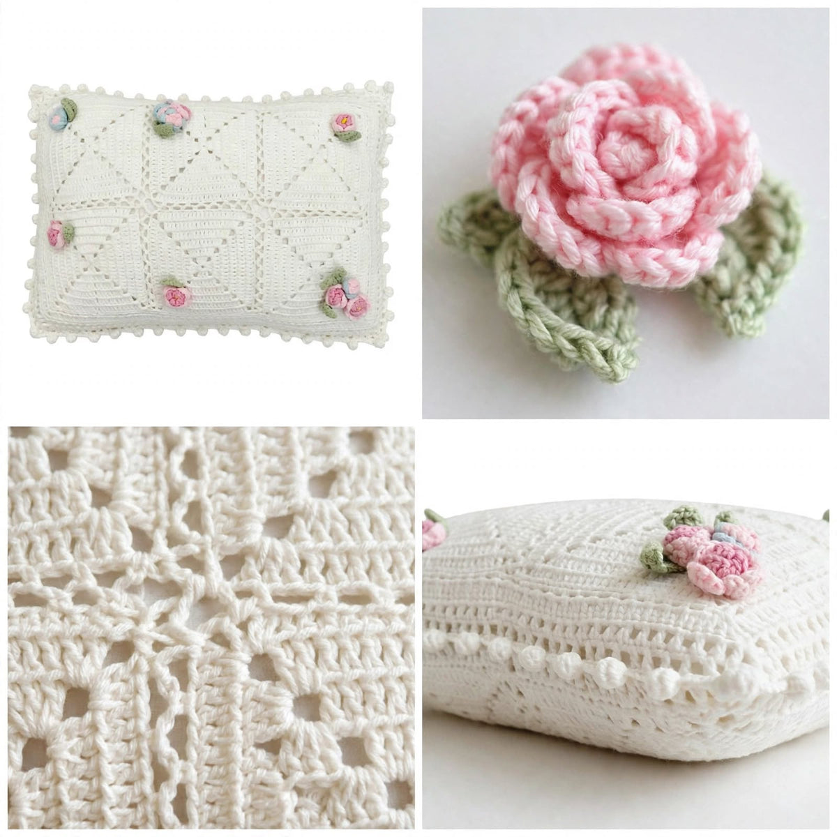 Handmade Crochet Pillow – Cream with Light Pink Flowers & Green Leaves