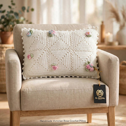 Handmade Crochet Pillow – Cream with Light Pink Flowers & Green Leaves