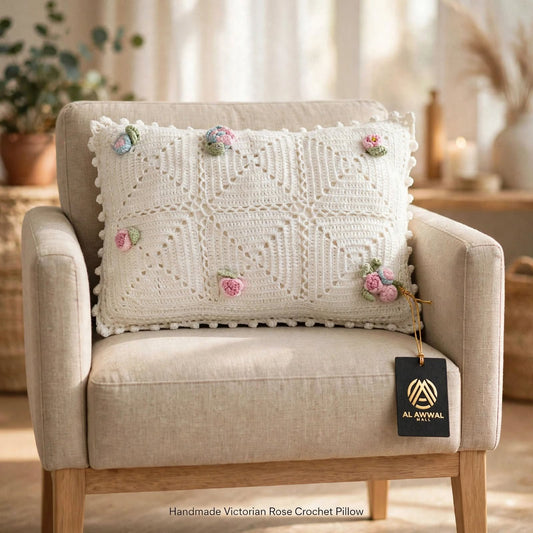 Handmade Crochet Pillow – Cream with Light Pink Flowers & Green Leaves