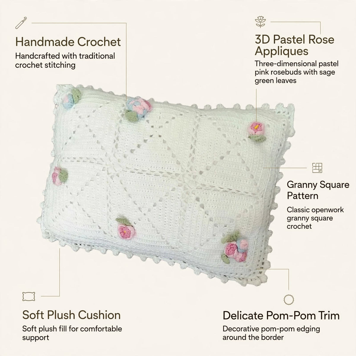 Handmade Crochet Pillow – Cream with Light Pink Flowers & Green Leaves