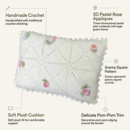 Handmade Crochet Pillow – Cream with Light Pink Flowers & Green Leaves