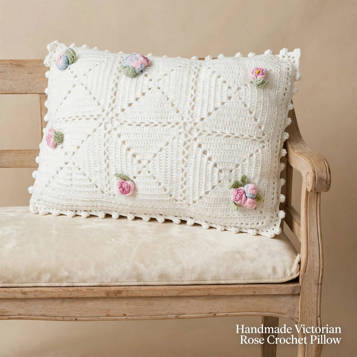 Handmade Crochet Pillow – Cream with Light Pink Flowers & Green Leaves