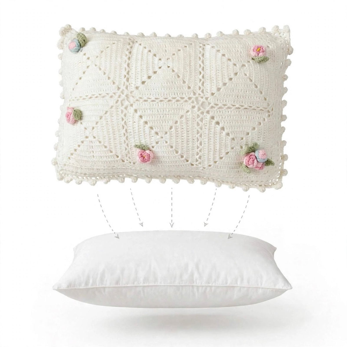 Handmade Crochet Pillow – Cream with Light Pink Flowers & Green Leaves
