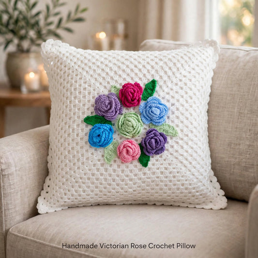Handmade Crochet Cushion Cover – Pure White with Dark Floral & Leafy Details