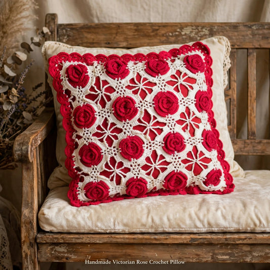 Handmade Crochet Star-Shaped Cushion – Red Rose Floral Design
