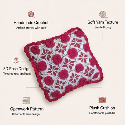 Handmade Crochet Star-Shaped Cushion – Red Rose Floral Design