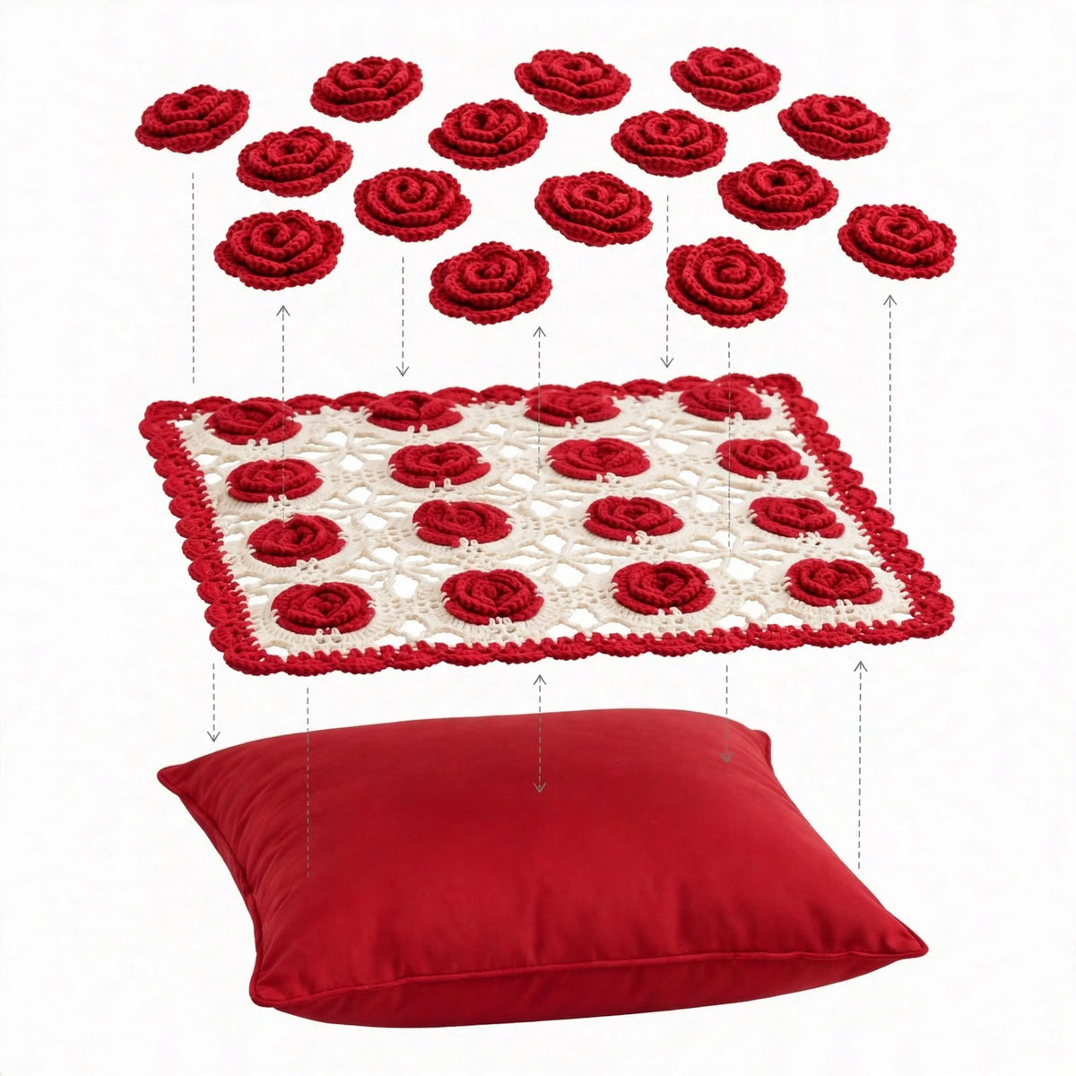 Handmade Crochet Star-Shaped Cushion – Red Rose Floral Design