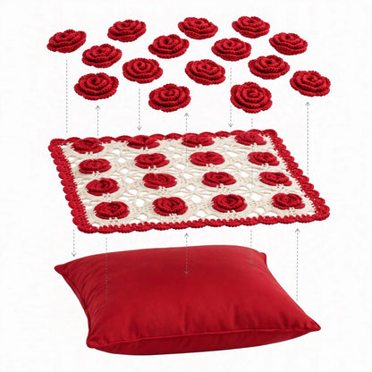 Handmade Crochet Star-Shaped Cushion – Red Rose Floral Design