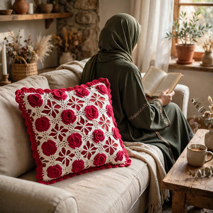 Handmade Crochet Star-Shaped Cushion – Red Rose Floral Design