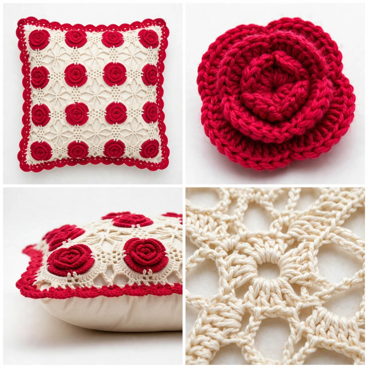 Handmade Crochet Star-Shaped Cushion – Red Rose Floral Design