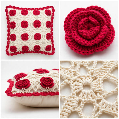 Handmade Crochet Star-Shaped Cushion – Red Rose Floral Design