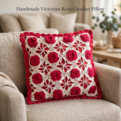 Handmade Crochet Star-Shaped Cushion – Red Rose Floral Design