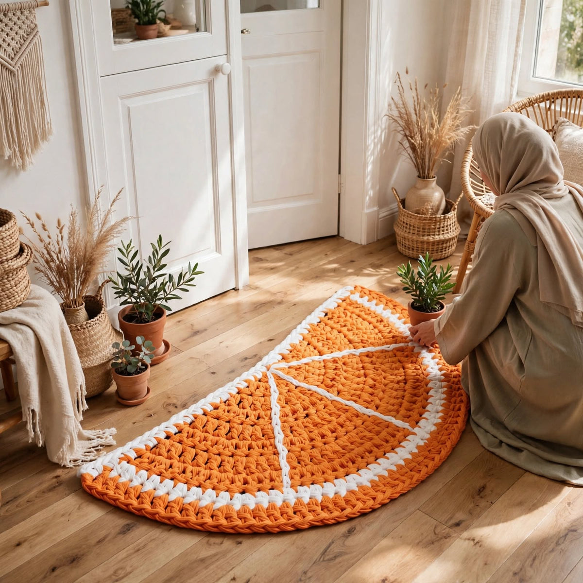 Handmade Crochet Half Moon Door Mat – Dark Orange & White Entryway Mat