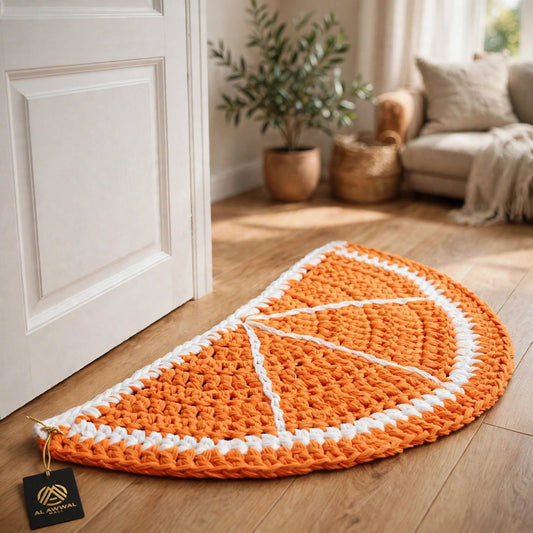 Handmade Crochet Half Moon Door Mat – Dark Orange & White Entryway Mat