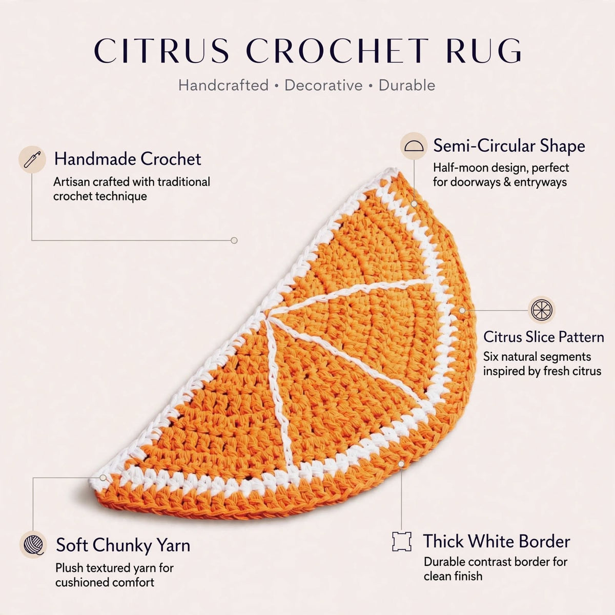 Handmade Crochet Half Moon Door Mat – Dark Orange & White Entryway Mat