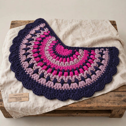 Handmade Crochet Half Moon Door Mat – Pink & Navy Blue Scalloped Lace Border