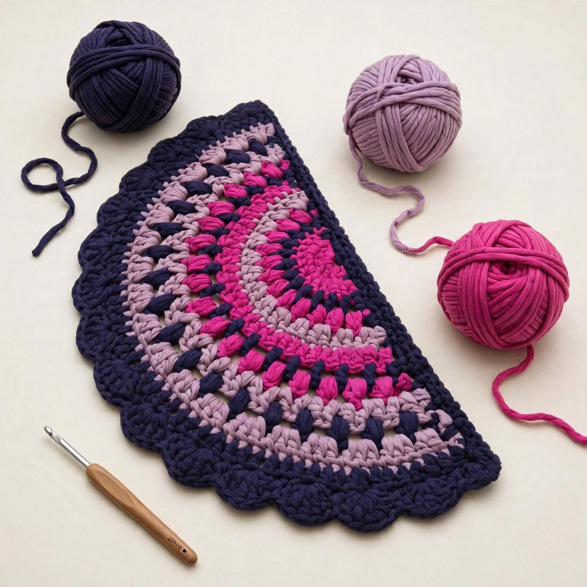 Handmade Crochet Half Moon Door Mat – Pink & Navy Blue Scalloped Lace Border