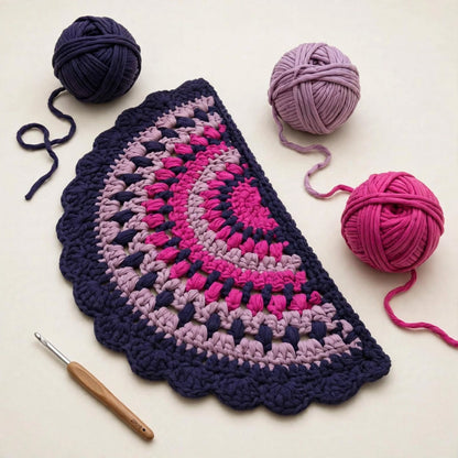 Handmade Crochet Half Moon Door Mat – Pink & Navy Blue Scalloped Lace Border