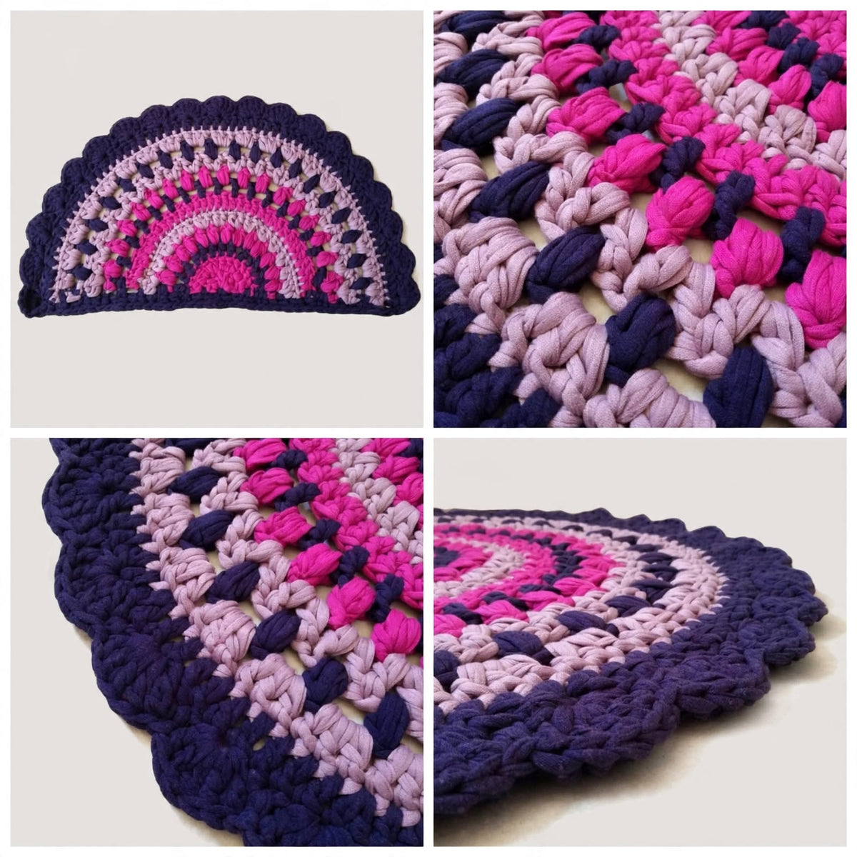 Handmade Crochet Half Moon Door Mat – Pink & Navy Blue Scalloped Lace Border