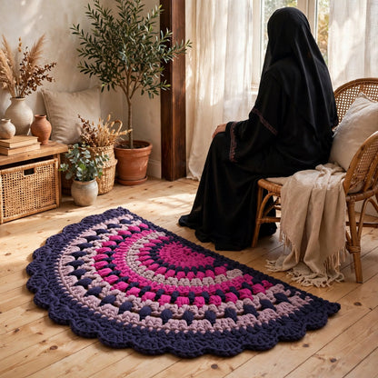 Handmade Crochet Half Moon Door Mat – Pink & Navy Blue Scalloped Lace Border