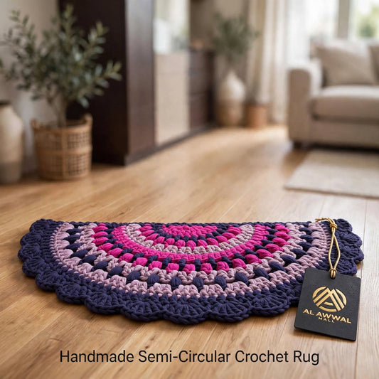Handmade Crochet Half Moon Door Mat – Pink & Navy Blue Scalloped Lace Border