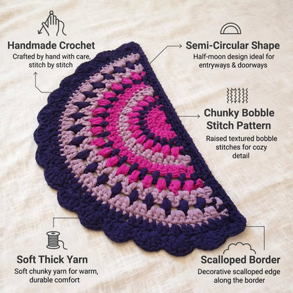 Handmade Crochet Half Moon Door Mat – Pink & Navy Blue Scalloped Lace Border