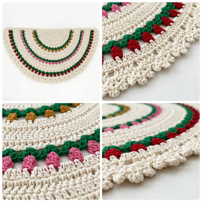 Handmade Crochet Layered Door Mat – Mustard, Pink & Maroon Floral Lace Design