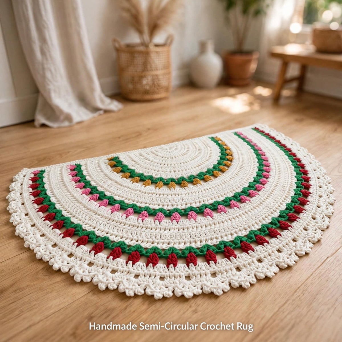 Handmade Crochet Layered Door Mat – Mustard, Pink & Maroon Floral Lace Design